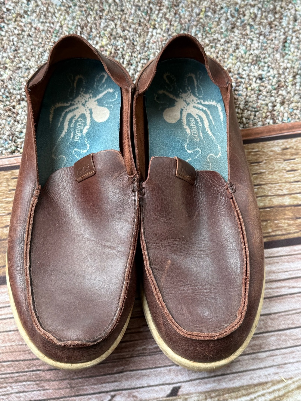 OluKai Nalukai Leather Slip On Shoes Men Brown Loafer Preppy Casual Drop Heel